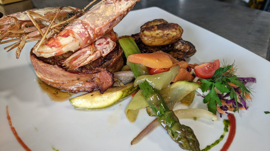 Nisos Restaurant Corfu shrimp and asparagus dish
